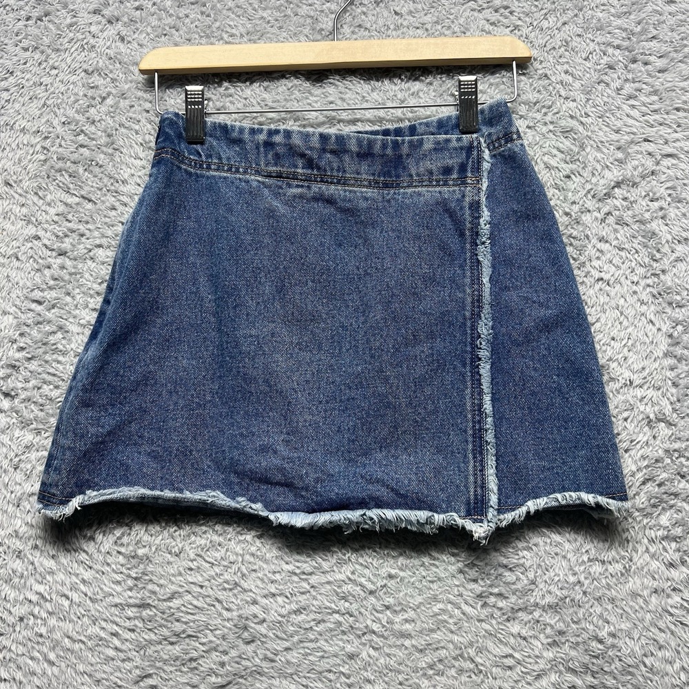 Natural Life Wrap Mini Skirt‎ Womens XS Blue Asymetrical Raw Fray Hem Denim